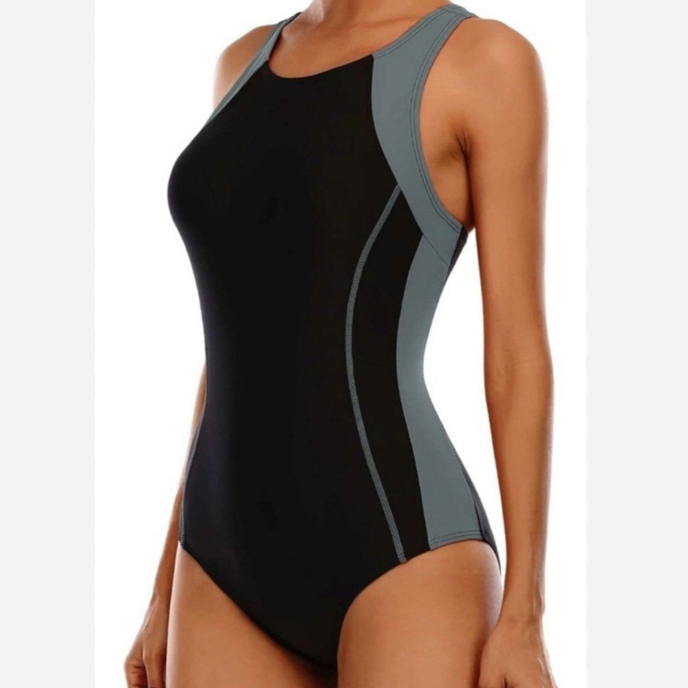 ATTRACO Sports Athletic Black Grey One Piece Bathing Suit Swimwear Size 2XL